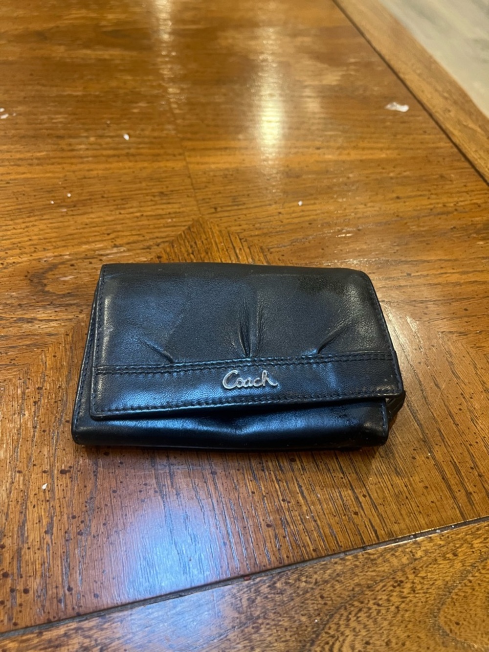 Coach Black Leather Compact Wallet with Silver Logo